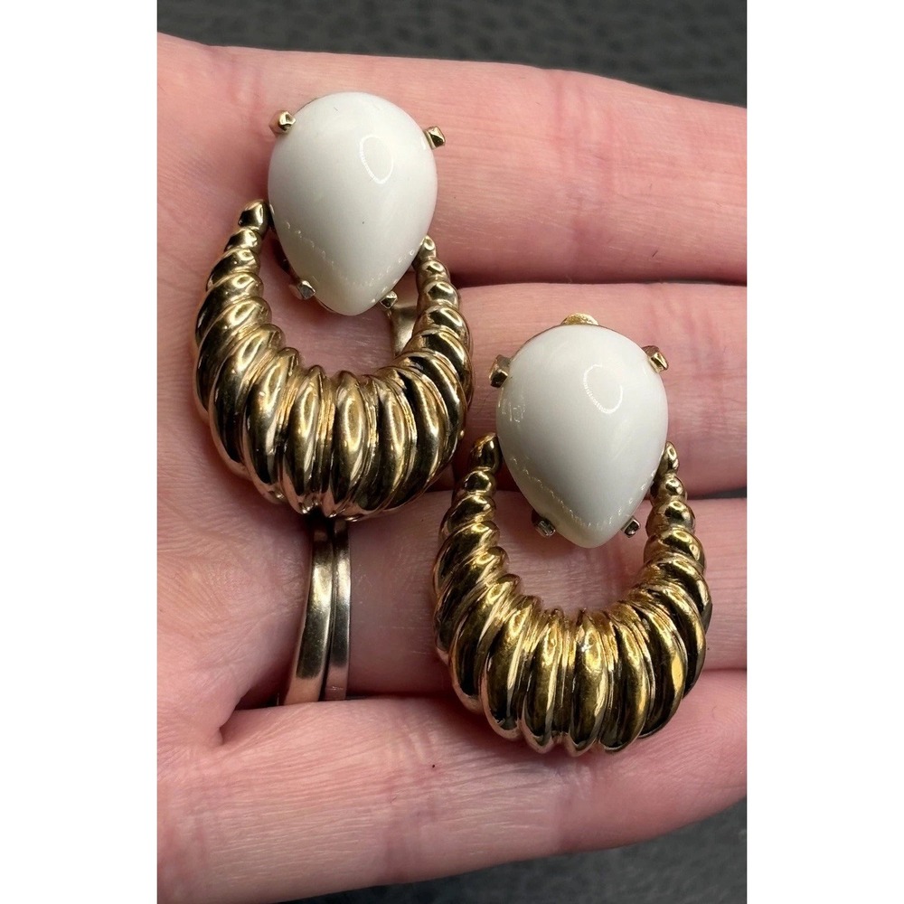 Vintage Panetta 80s White Glass Cabochon Door Knocker Clip Earrings Gold Tone
